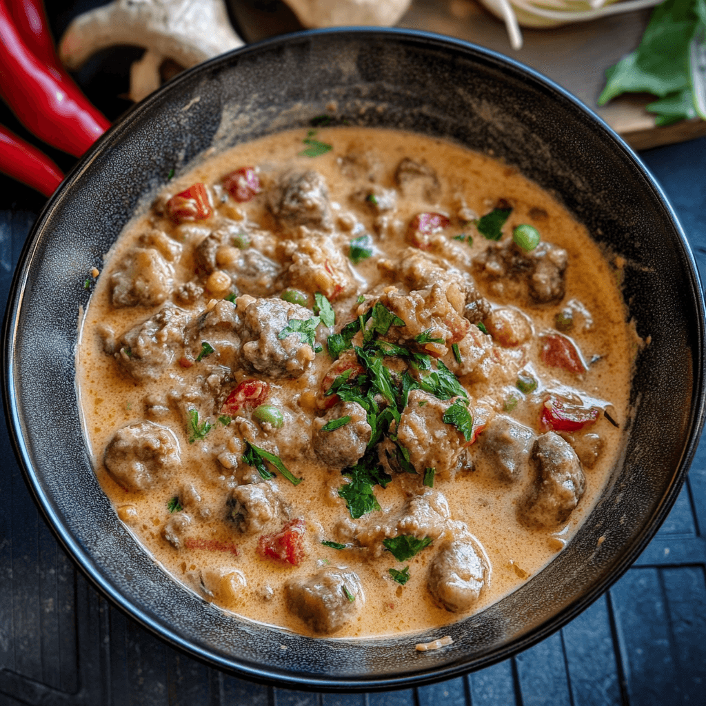 Südtiroler Hirtennudeln mit Gemüse, Erbsen und Paprika in einer rustikalen Pfanne