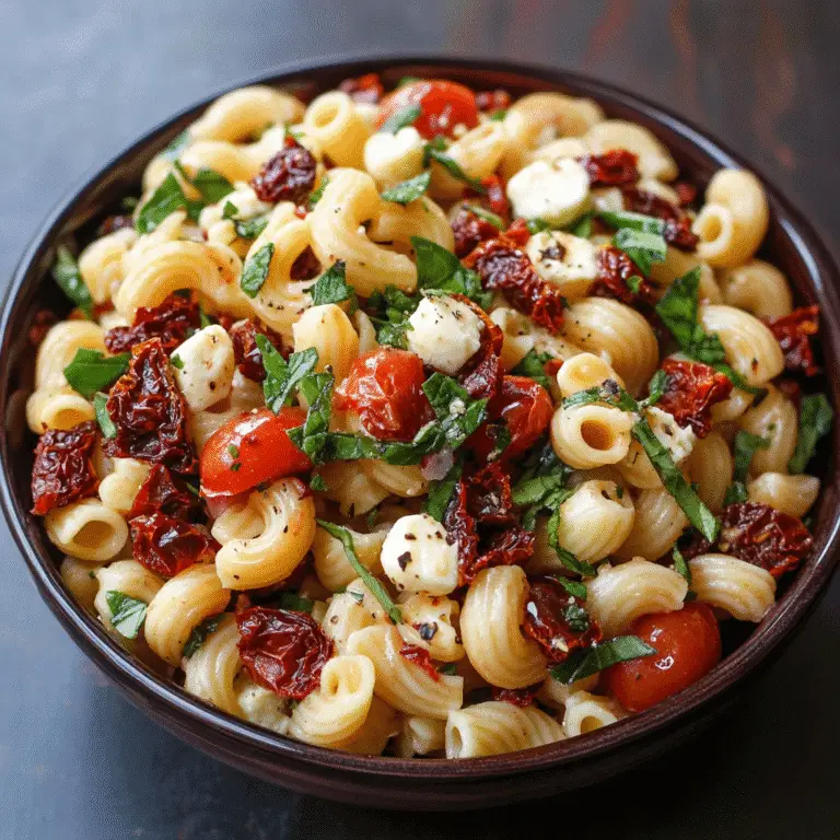 Nudelsalat mit sonnengetrockneten Tomaten – Das ultimative Rezept für Geschmack & Gesundheit 9 Nudelsalat mit sonnengetrockneten Tomaten, Mozzarella und Basilikum in schwarzer Schüssel serviert
