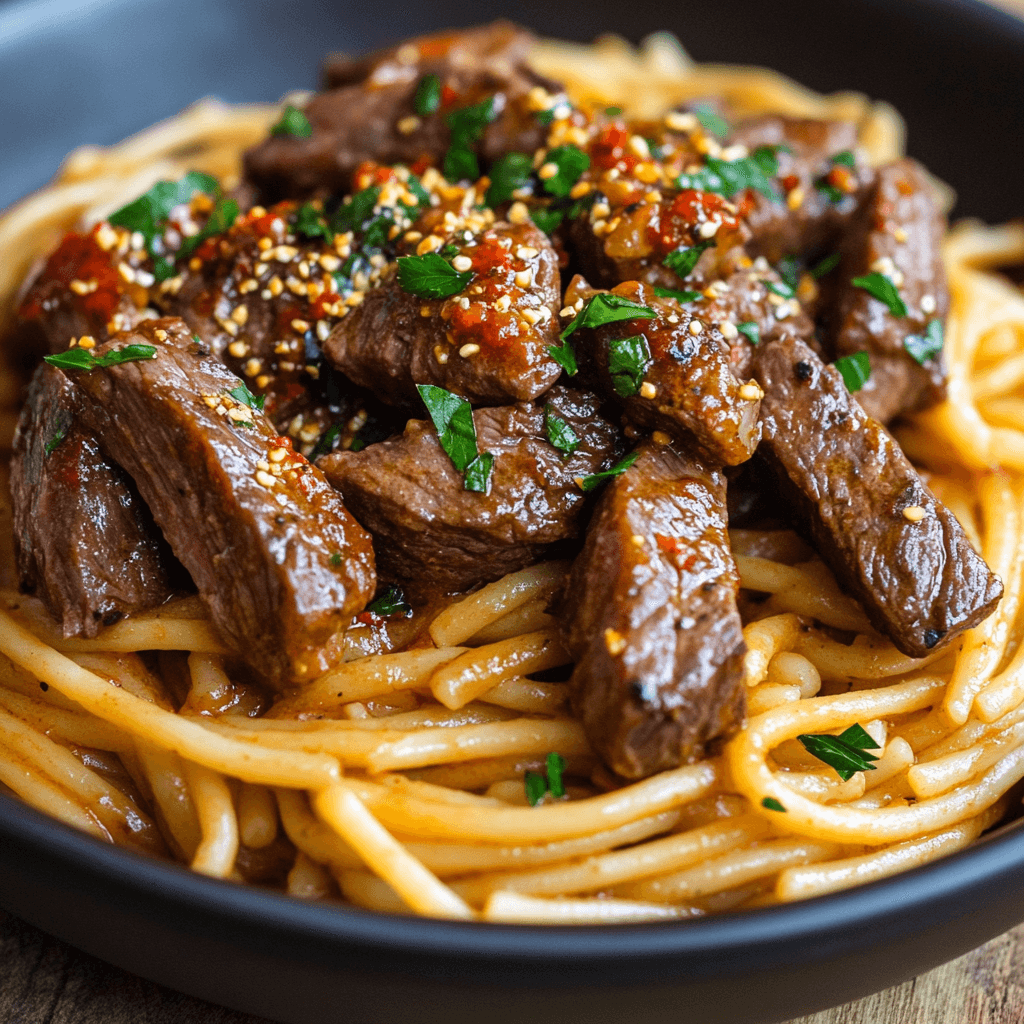 Süß würzige Knoblauch Steak Pasta