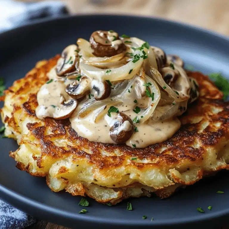 Mozzarella Rösti mit Zwiebel Pilzrahmsoße