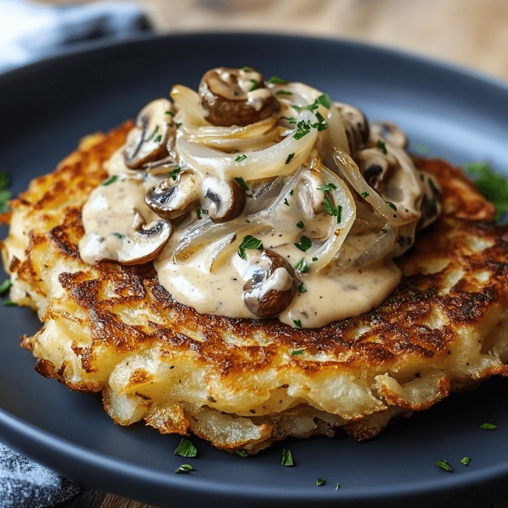 Mozzarella Rösti mit Zwiebel Pilzrahmsoße