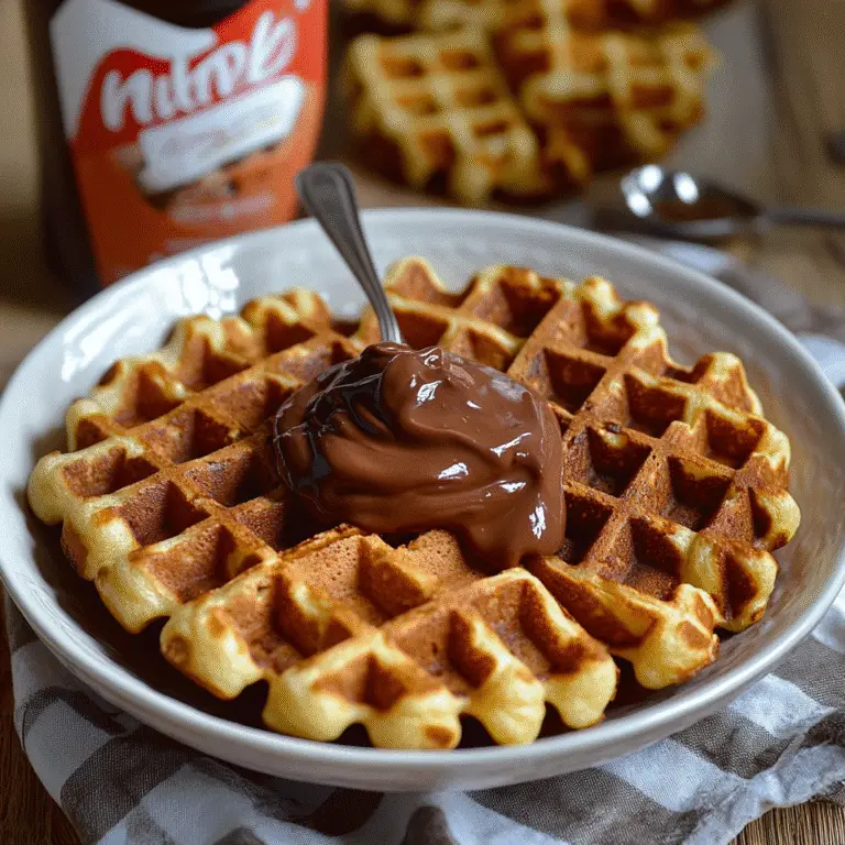 Mini Waffeln mit Nutella – Das leckerste Rezept für süße Momente 9 Mini Waffel mit Nutella und Löffel – serviert auf weißem Teller