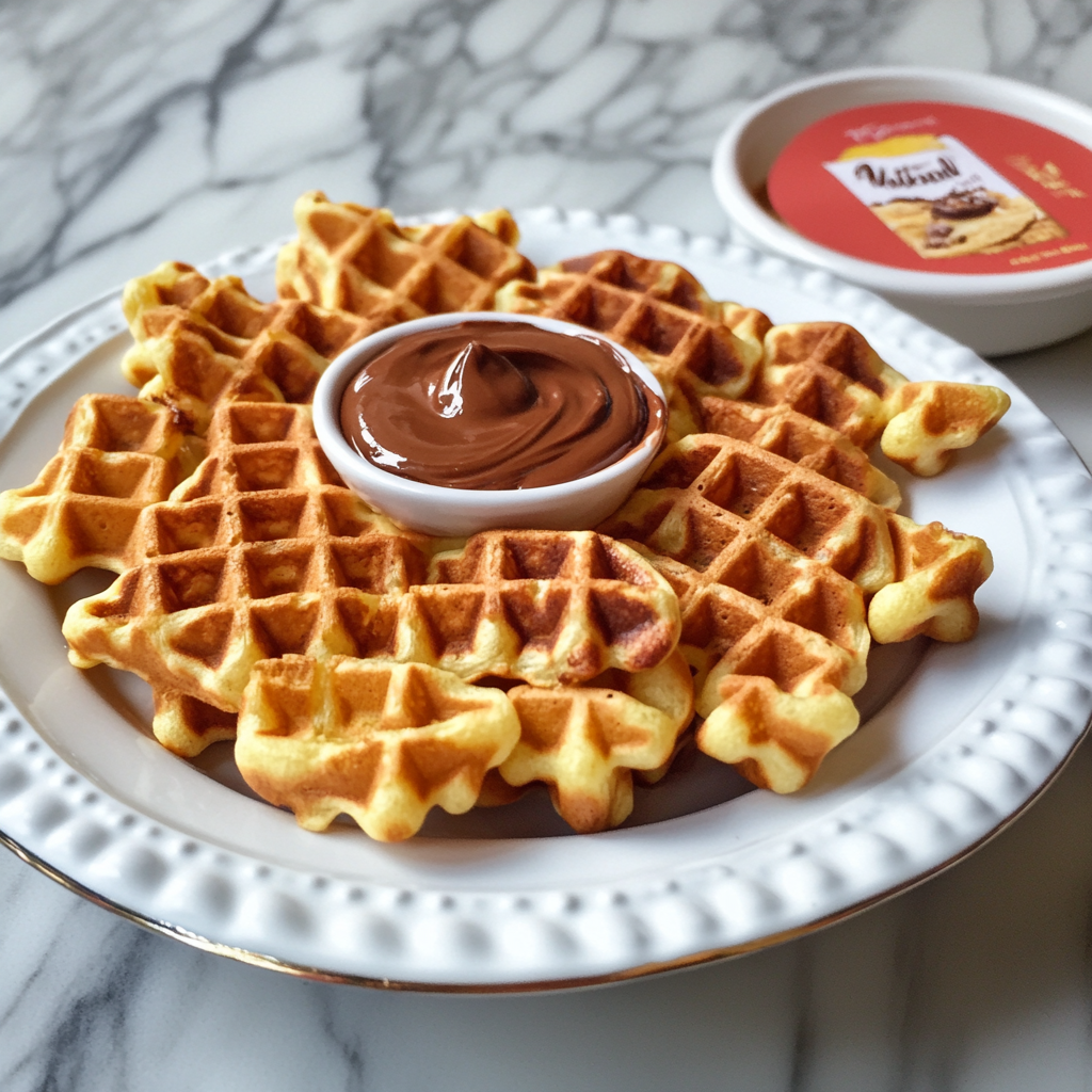 Mini Waffeln mit Nutella – Das leckerste Rezept für süße Momente 7 Mini Waffeln rund angerichtet mit Nutella im Schälchen