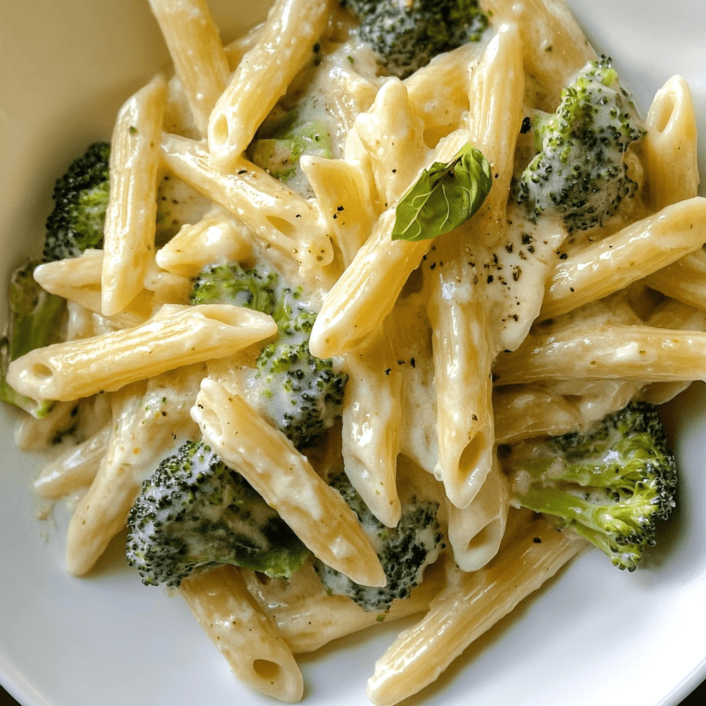 Nudeln mit Brokkoli in Sahne Soße auf weißem Teller mit Basilikumblatt