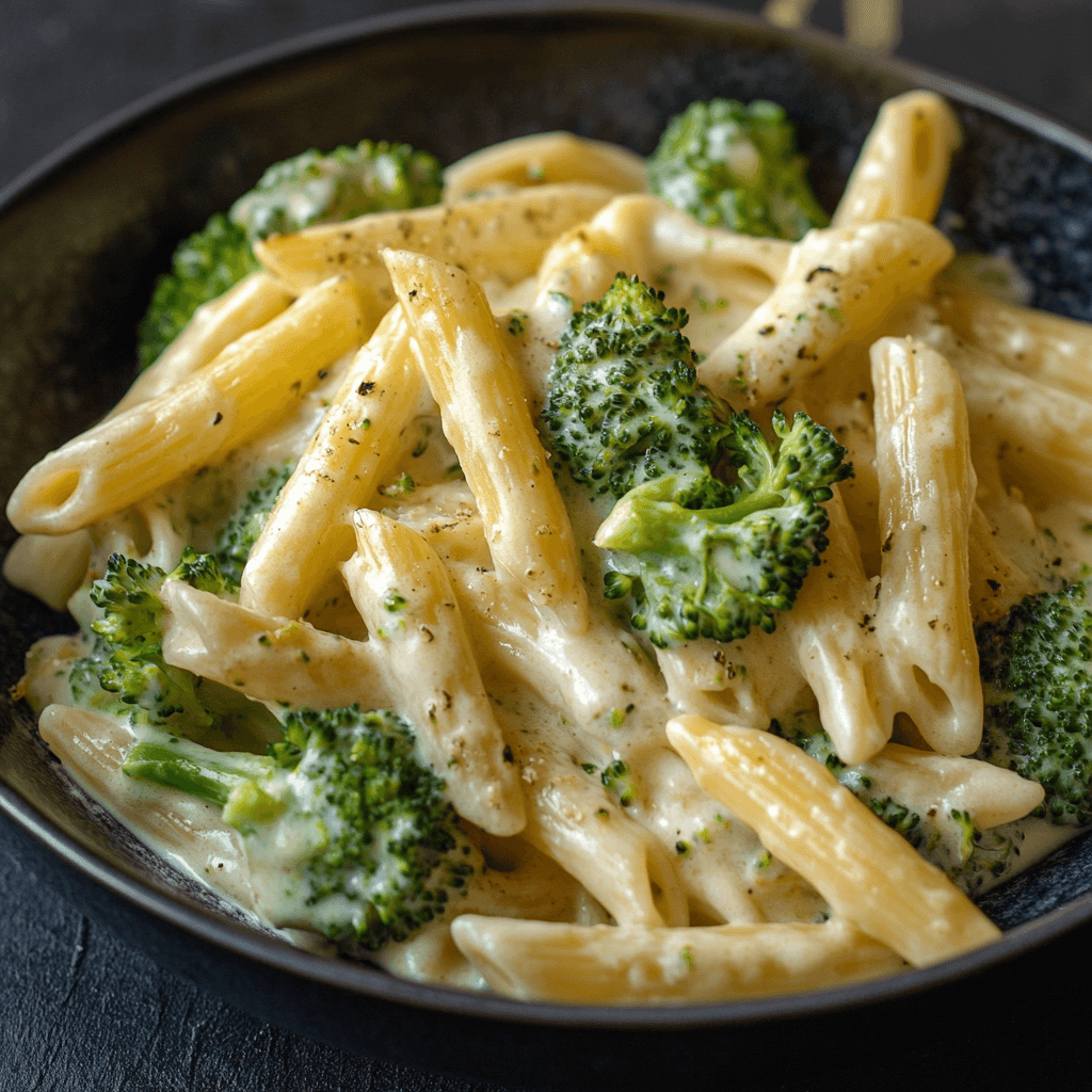 Nudeln mit Brokkoli in Sahne Soße – Das beste Rezept für cremige Pasta-Liebhaber 6 Brokkoli Sahne Penne auf dunklem Teller mit schwarzem Hintergrund