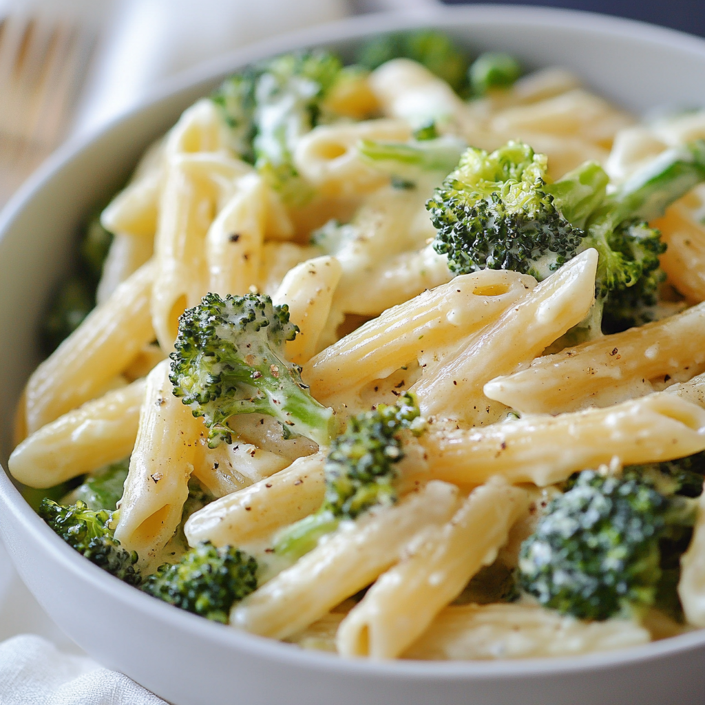 Nudeln mit Brokkoli in Sahne Soße – Das beste Rezept für cremige Pasta-Liebhaber 8 Cremige Pasta mit Brokkoli in Sahnesoße in weißer Bowl serviert