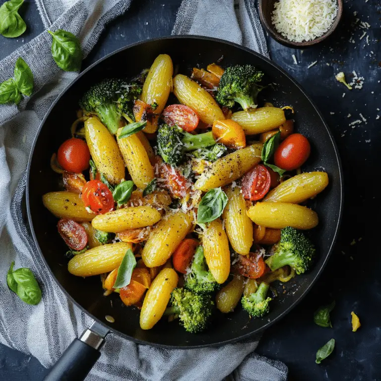 Onepan Brokkoli Schupfnudeln – Das Beste Rezept für Schnelle, Gesunde Küche 9 Onepan Brokkoli Schupfnudeln mit Tomaten und Basilikum in schwarzer Pfanne