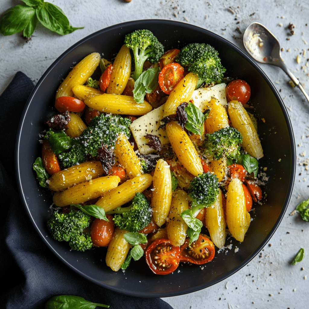 Onepan Brokkoli Schupfnudeln – Das Beste Rezept für Schnelle, Gesunde Küche 7 Onepan Brokkoli Schupfnudeln mit Feta, Basilikum und Oliven angerichtet in schwarzer Schale