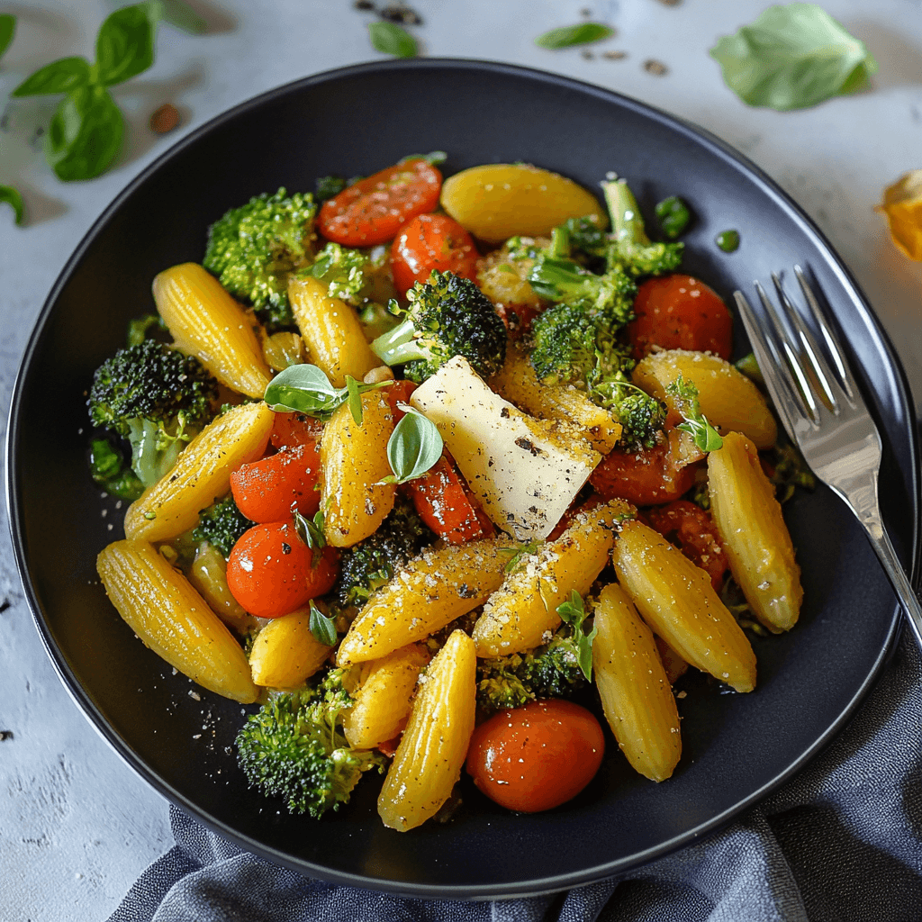 Onepan Brokkoli Schupfnudeln – Das Beste Rezept für Schnelle, Gesunde Küche 8 Onepan Brokkoli Schupfnudeln auf schwarzem Teller mit Kirschtomaten und Butterflocken