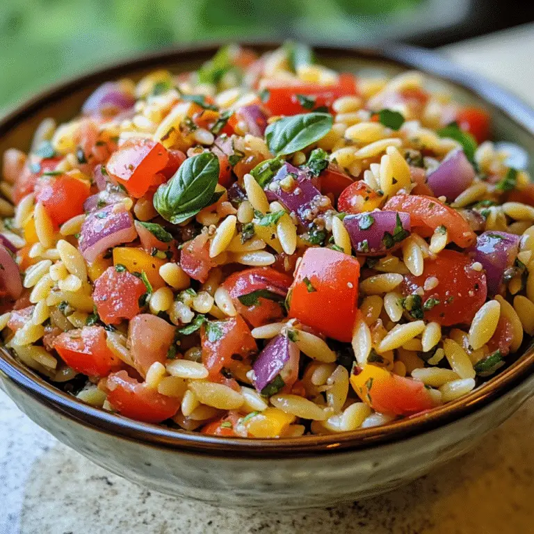 Orzo-Salat Das ultimative Rezept für mediterranen Genuss 9 Nahaufnahme von Orzo-Salat mit roten Zwiebeln, Tomaten, Paprika und frischem Basilikum
