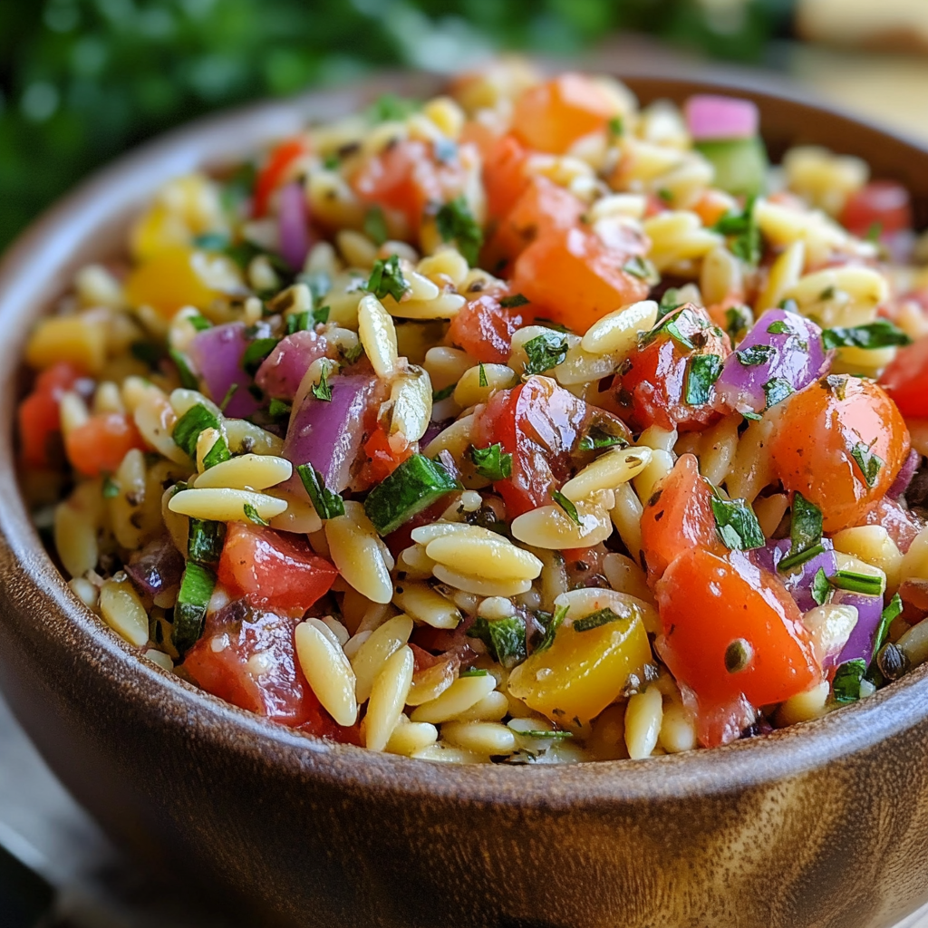 Orzo-Salat Das ultimative Rezept für mediterranen Genuss 6 Mediterraner Orzo-Salat in Holzschale mit Tomaten, Paprika, roten Zwiebeln und frischen Kräutern