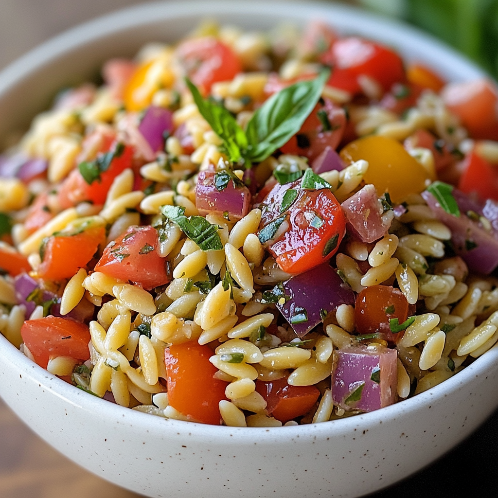 Orzo-Salat Das ultimative Rezept für mediterranen Genuss 8 Klassischer Orzo-Salat mit roten Zwiebeln, gelber Paprika und Tomaten in weißer Schale serviert