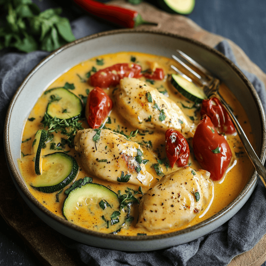 Paprika Zucchini Sahne Hähnchen mit Kirschtomaten und frischen Kräutern in cremiger Soße serviert