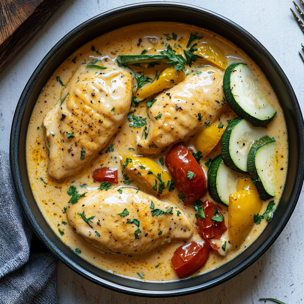 Paprika Zucchini Sahne Hähnchen – Das beste Rezept für cremigen Genuss 6 Cremiges Paprika Zucchini Sahne Hähnchen mit gelber Paprika und Zucchini in heller Soße