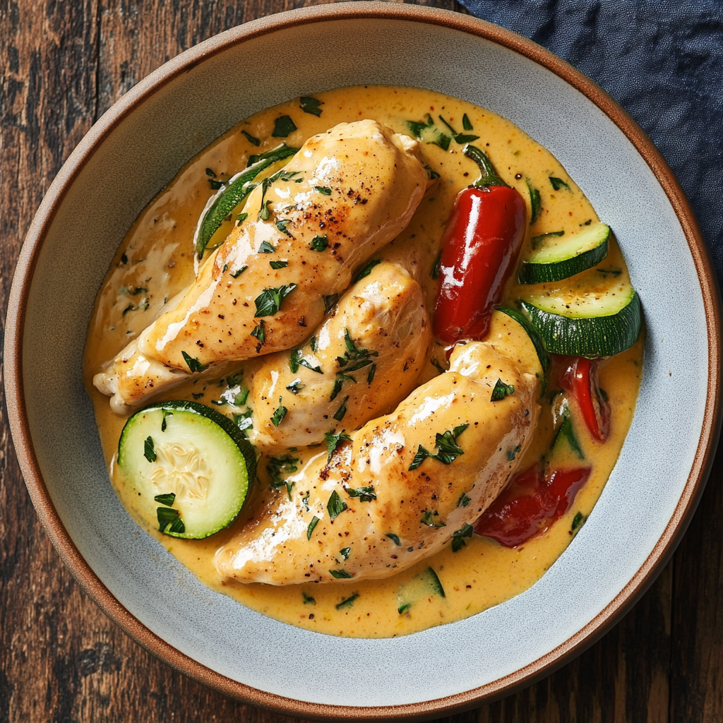 Paprika Zucchini Sahne Hähnchen – Das beste Rezept für cremigen Genuss 8 Pfannengericht mit Paprika Zucchini Sahne Hähnchen und mediterranen Kräutern