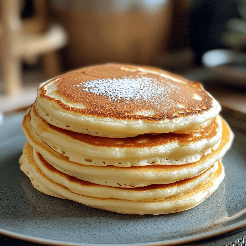 Stapel goldbraun gebackener Pfannkuchen mit Puderzucker bestreut