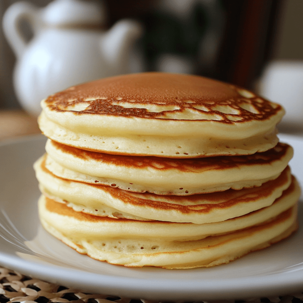 Pfannkuchen backen – Das ultimative Rezept & Profi-Tipps für perfekte Ergebnisse 6 Fluffige Pfannkuchen gestapelt auf einem weißen Teller