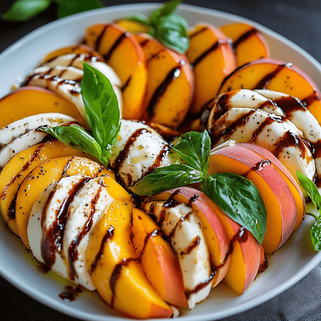 Pfirsich Caprese Salat: Das ultimative Sommerrezept für frische Genussmomente 6 Caprese Salat mit Pfirsichscheiben, Mozzarella und Basilikum auf weißem Teller