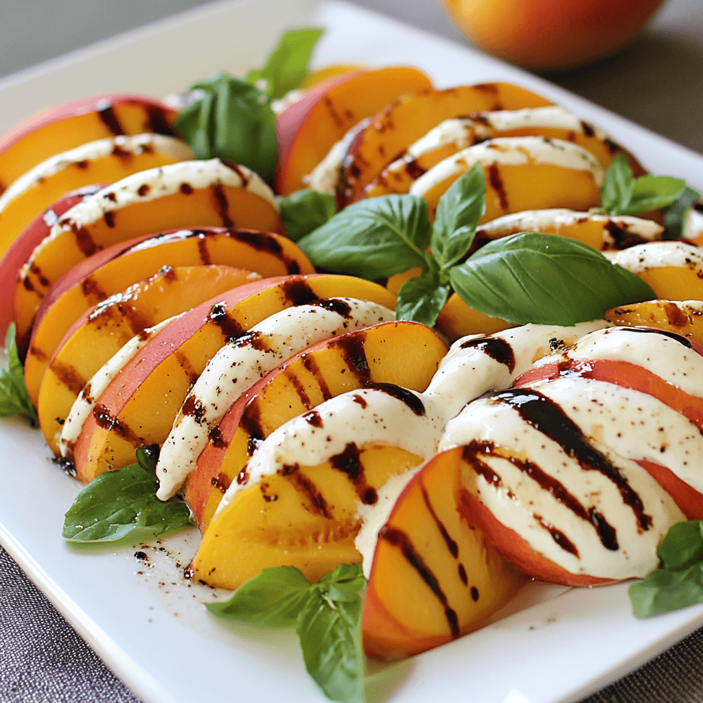 Pfirsich Caprese Salat: Das ultimative Sommerrezept für frische Genussmomente 7 Sommerlicher Pfirsich-Mozzarella-Salat mit Balsamico auf rechteckigem Teller