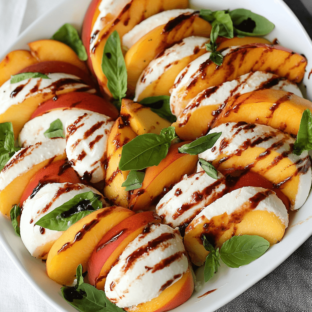 Pfirsich Caprese Salat: Das ultimative Sommerrezept für frische Genussmomente 8 Frisch angerichteter Pfirsich Caprese Salat mit Mozzarella und Balsamico