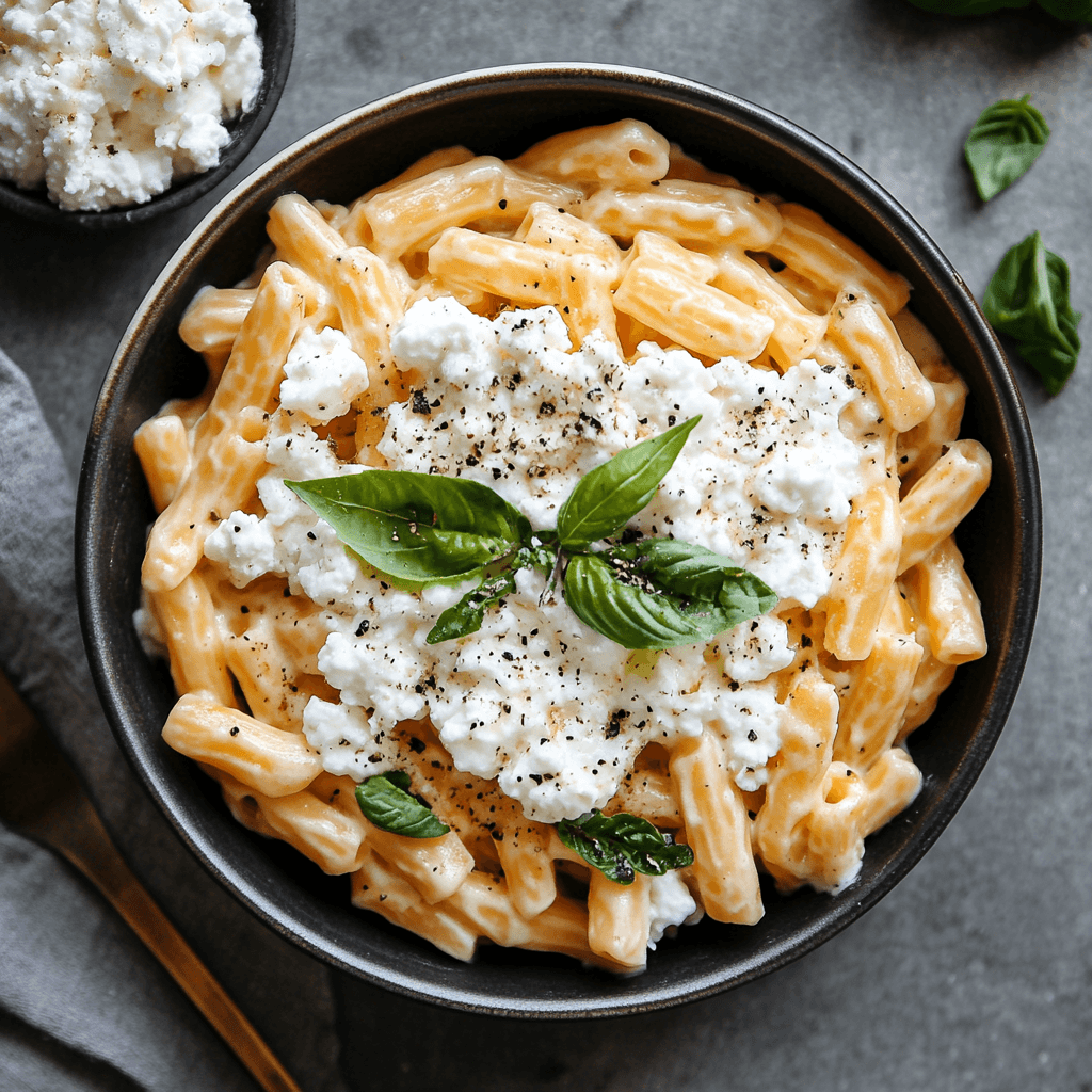 Protein Nudeln mit Hüttenkäse – Die eiweißreiche Nudelrevolution für deine Fitnessküche 6 Protein Pasta mit Hüttenkäse, Basilikum und Pfeffer in dunkler Schale