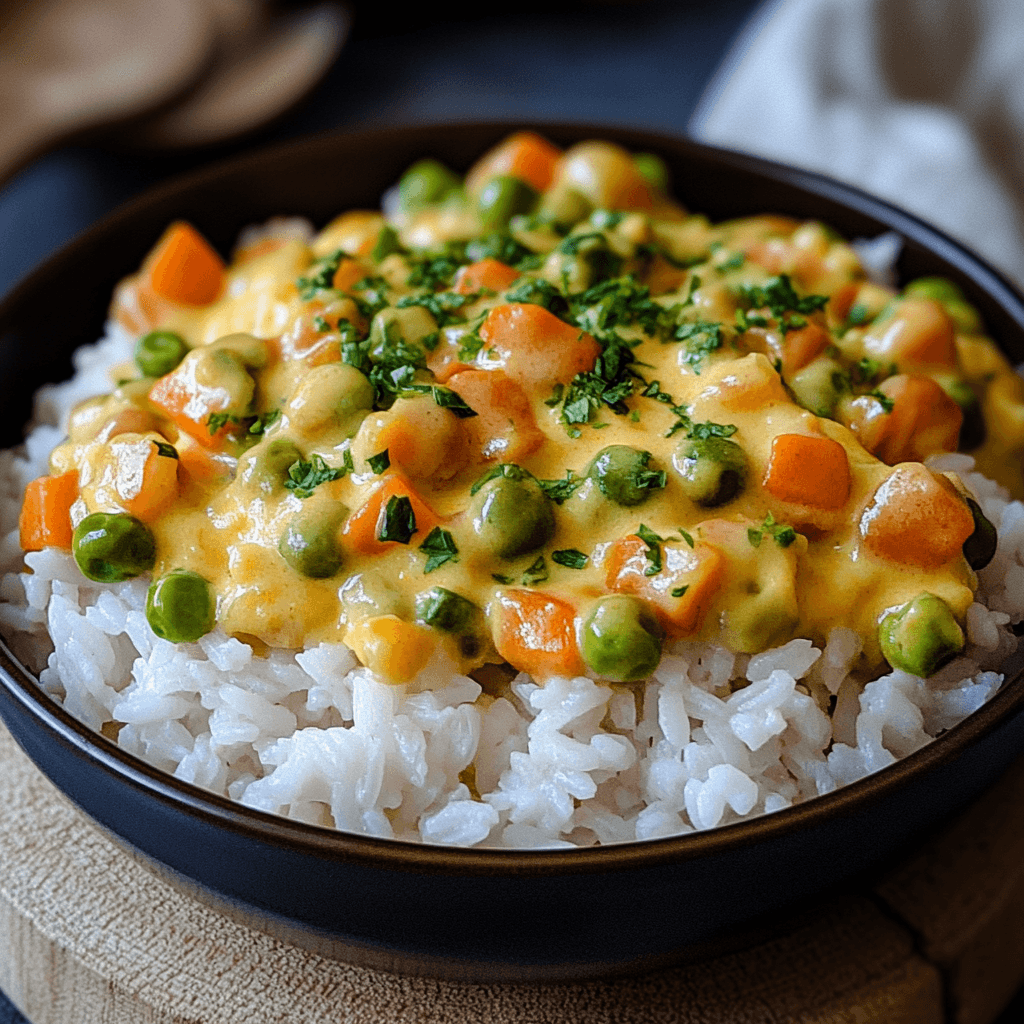 Reis mit Gemüse Frischkäse Sauce mit Erbsen und Karotten auf lockerem Basmatireis serviert