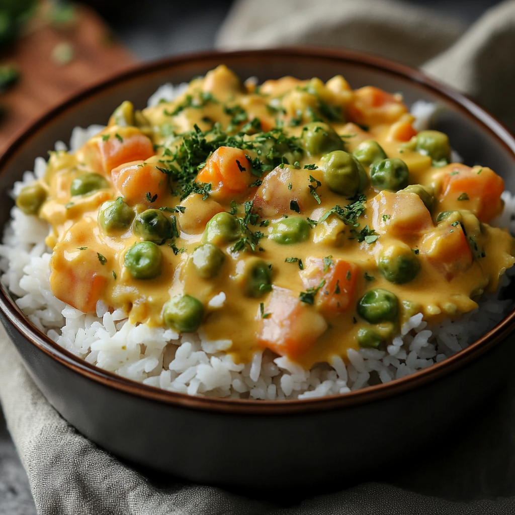 Reis mit Gemüse Frischkäse Sauce – Das beste Rezept für eine cremige Genussidee 7 Nahaufnahme von Reis mit Gemüse in cremiger Frischkäse-Sauce und Kräutern garniert