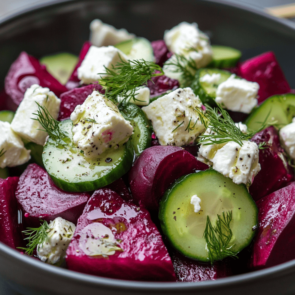 Rote-Bete-Salat mit Feta: Das ultimative Rezept & Ideen für perfekte Kombinationen 7 Nahaufnahme von Rote-Bete-Salat mit Feta-Würfeln und Dillzweigen