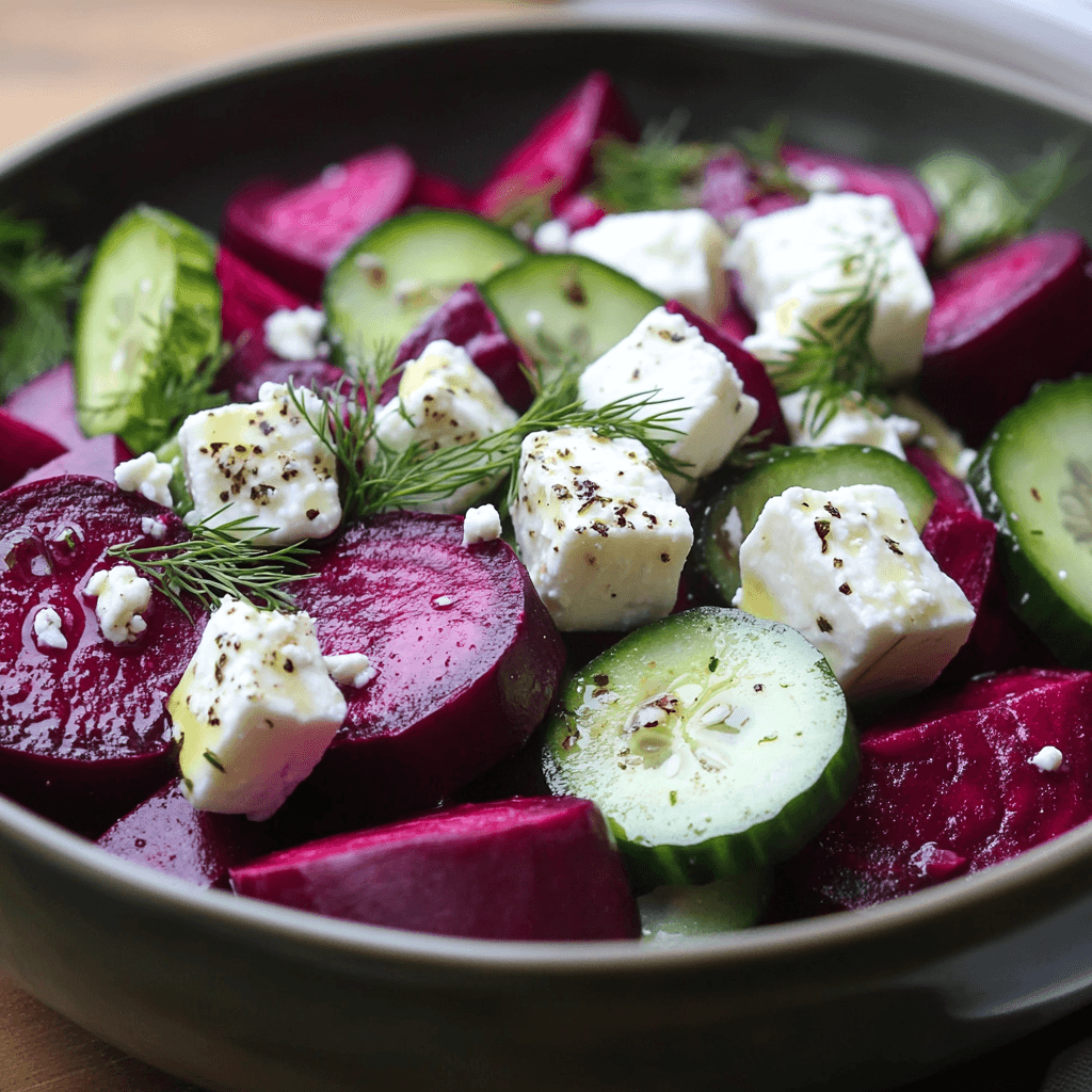 Rote-Bete-Salat mit Feta: Das ultimative Rezept & Ideen für perfekte Kombinationen 8 Rote-Bete-Salat mit Feta, Gurkenscheiben und frischem Dill garniert