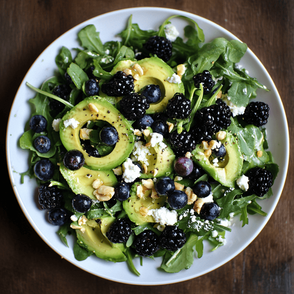 Salat mit Brombeeren, Avocado und Rucola – Fruchtig, Herzhaft & Gesund 7 Bunter Rucola-Salat mit Brombeeren, Avocado, Heidelbeeren und Feta auf weißem Teller