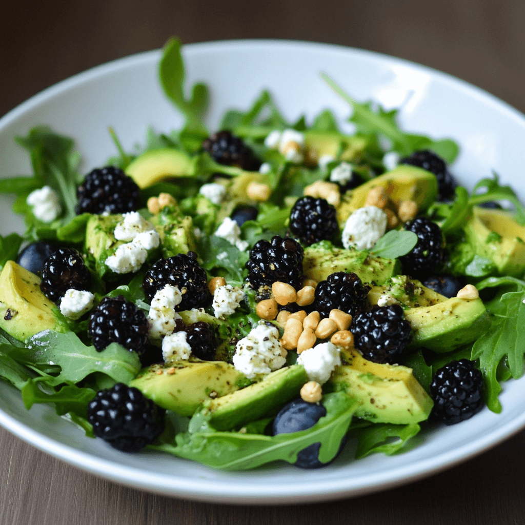 Salat mit Brombeeren, Avocado und Rucola – Fruchtig, Herzhaft & Gesund 8 Rucola-Brombeersalat mit Avocado, Feta und Pinienkernen in weißer Schale serviert