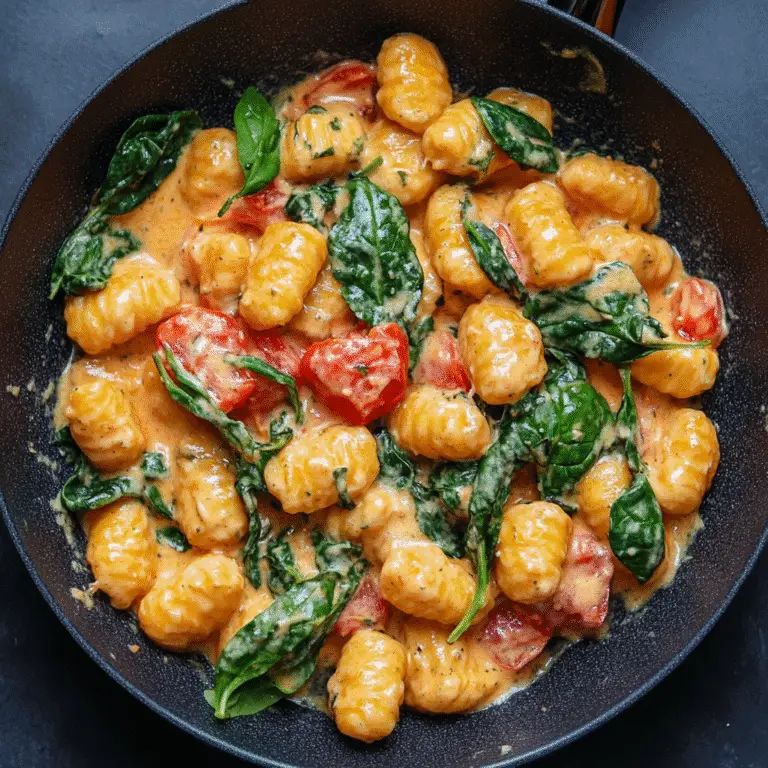 Schnelle Gnocchi Pfanne mit cremiger Tomaten-Spinat-Sauce direkt aus der Pfanne