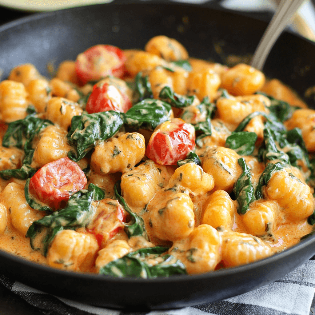 Diese cremige Gnocchi Pfanne kombiniert goldbraun gebratene Gnocchi mit saftigen Tomaten, frischem Babyspinat und einer aromatischen Sahnesauce – ideal für ein schnelles Feierabendessen.