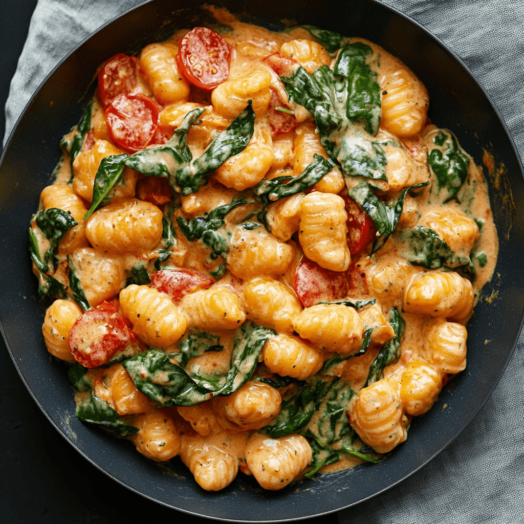 Schnelle Gnocchi Pfanne mit Tomaten und frischem Spinat aus der Pfanne serviert