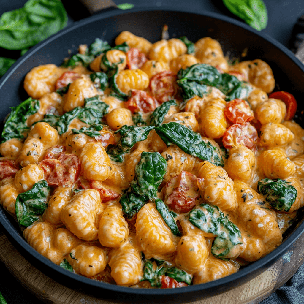 Gebratene Gnocchi mit Tomate und Spinat in cremiger mediterraner Pfanne