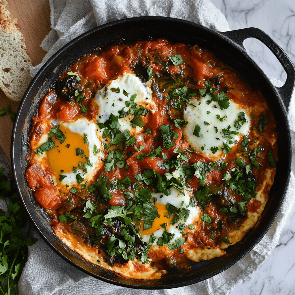 Shakshuka Rezept Vegan mit Tofu in gusseiserner Pfanne serviert