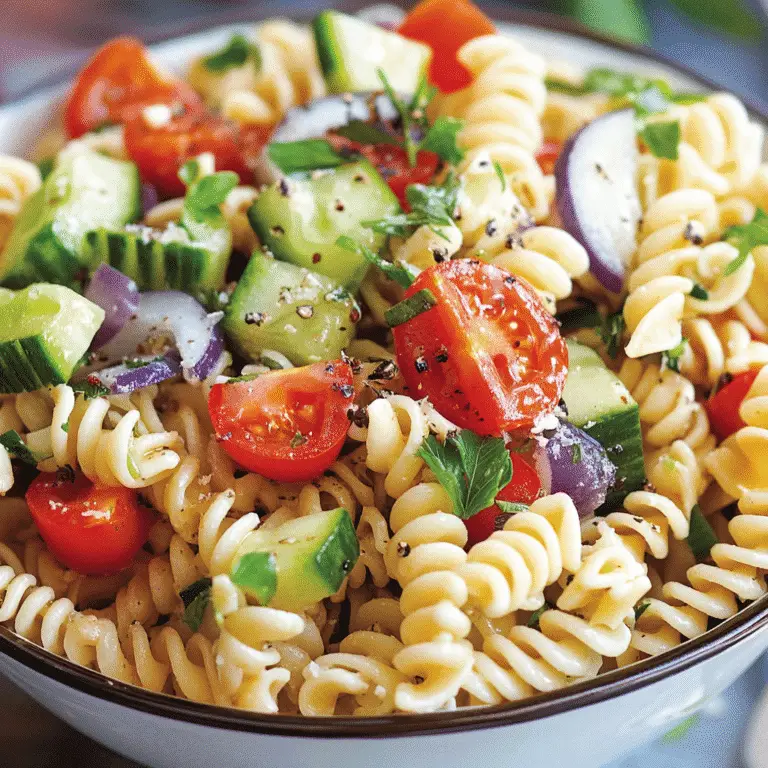 Sommerlicher Nudelsalat mit Gurken, Kirschtomaten und roten Zwiebeln