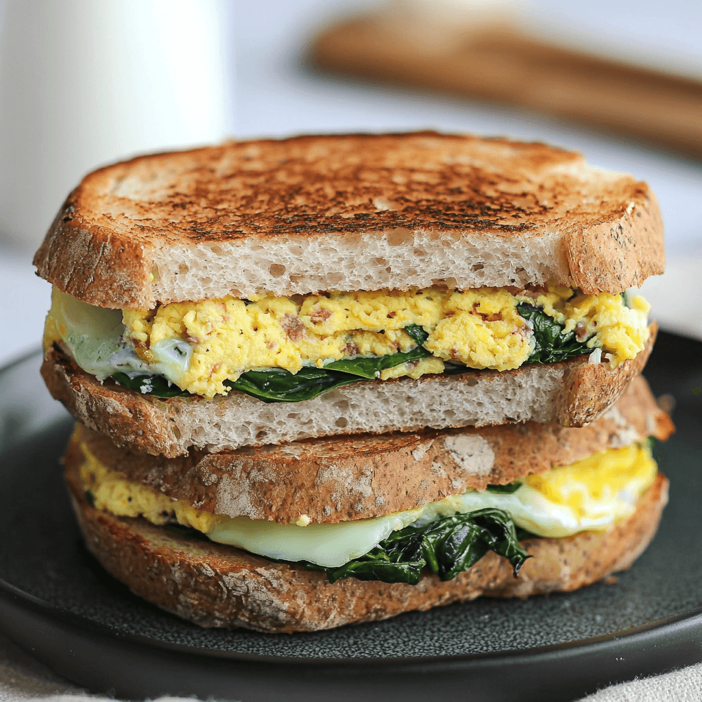 Spinat Ei Sandwiches zur Vorbereitung einer Mahlzeit: Das ultimative gesunde Frühstück 6 Spinat Ei Sandwich mit Rührei und geschmolzenem Käse frisch zubereitet auf einem dunklen Teller