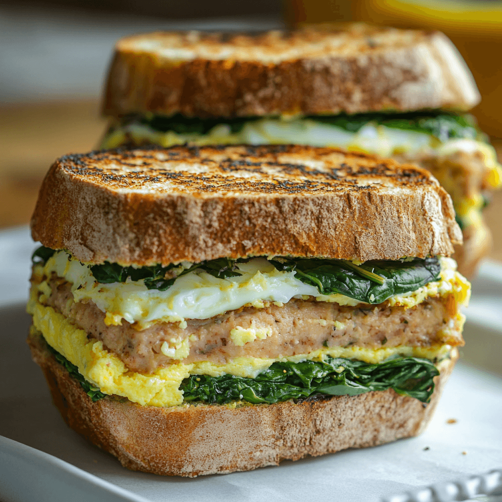 Spinat Ei Sandwiches zur Vorbereitung einer Mahlzeit: Das ultimative gesunde Frühstück 7 Sandwich-Variation mit Spinat, Ei und vegetarischem Patty auf geröstetem Brot zur gesunden Mahlzeitvorbereitung