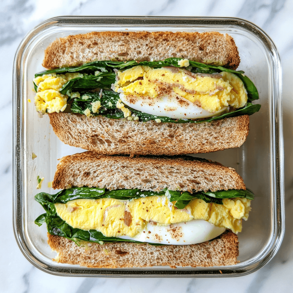 Spinat Ei Sandwiches zur Vorbereitung einer Mahlzeit: Das ultimative gesunde Frühstück 8 Spinat Ei Sandwiches in Glasbehälter zur gesunden Aufbewahrung im Kühlschrank vorbereitet