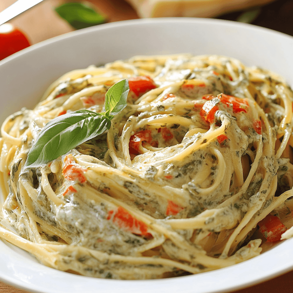 Spinat Pasta mit cremiger Sauce, roten Paprikastücken und frischem Basilikum im weißen Teller