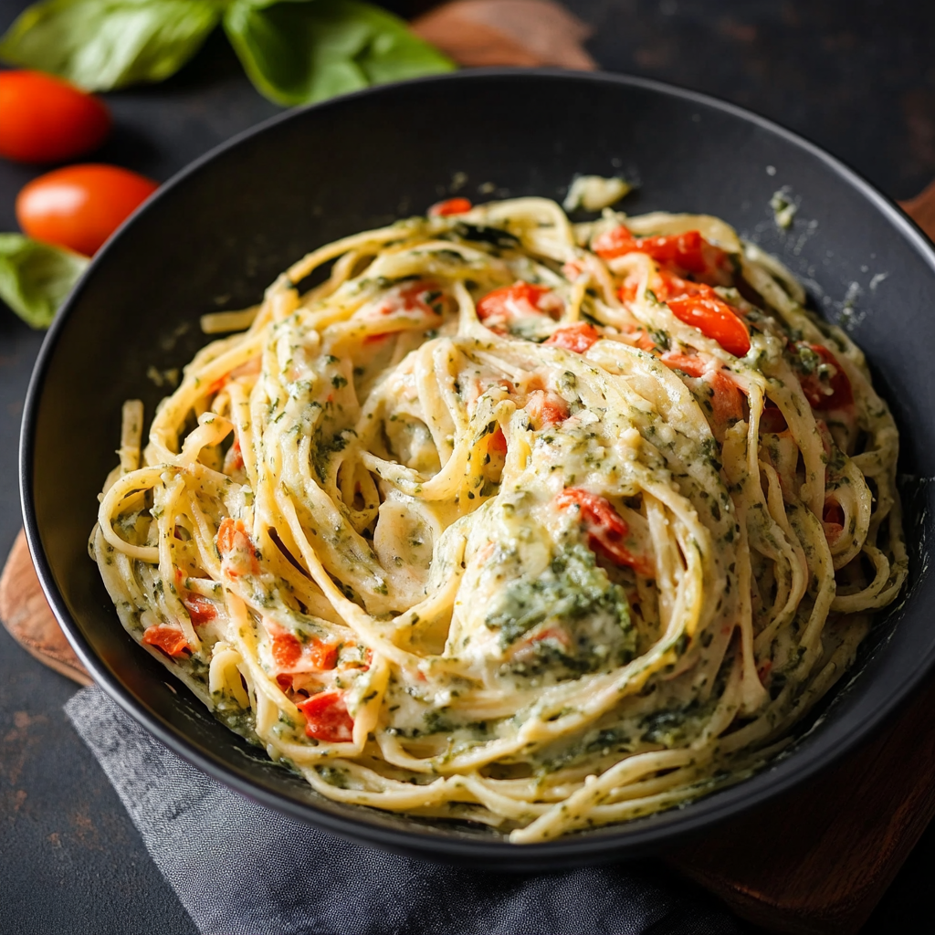 Spinat Pasta – Das beste Rezept mit cremiger Sauce & italienischer Würze 6 Cremige Spinat Pasta mit Paprika in schwarzer Schale auf dunklem Holztisch