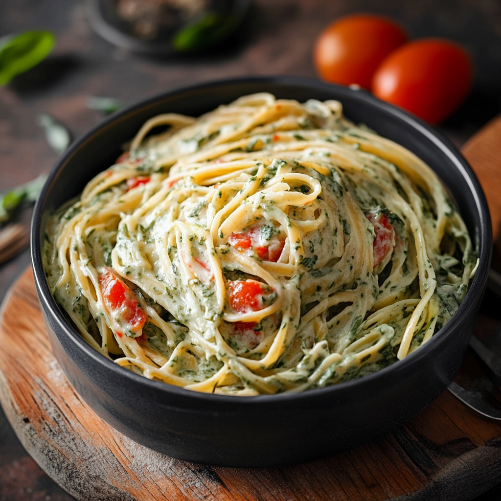 Spinat Pasta – Das beste Rezept mit cremiger Sauce & italienischer Würze 7 Spinat Pasta mit Parmesan und roter Paprika, serviert in schwarzer runder Schüssel auf Holzbrett