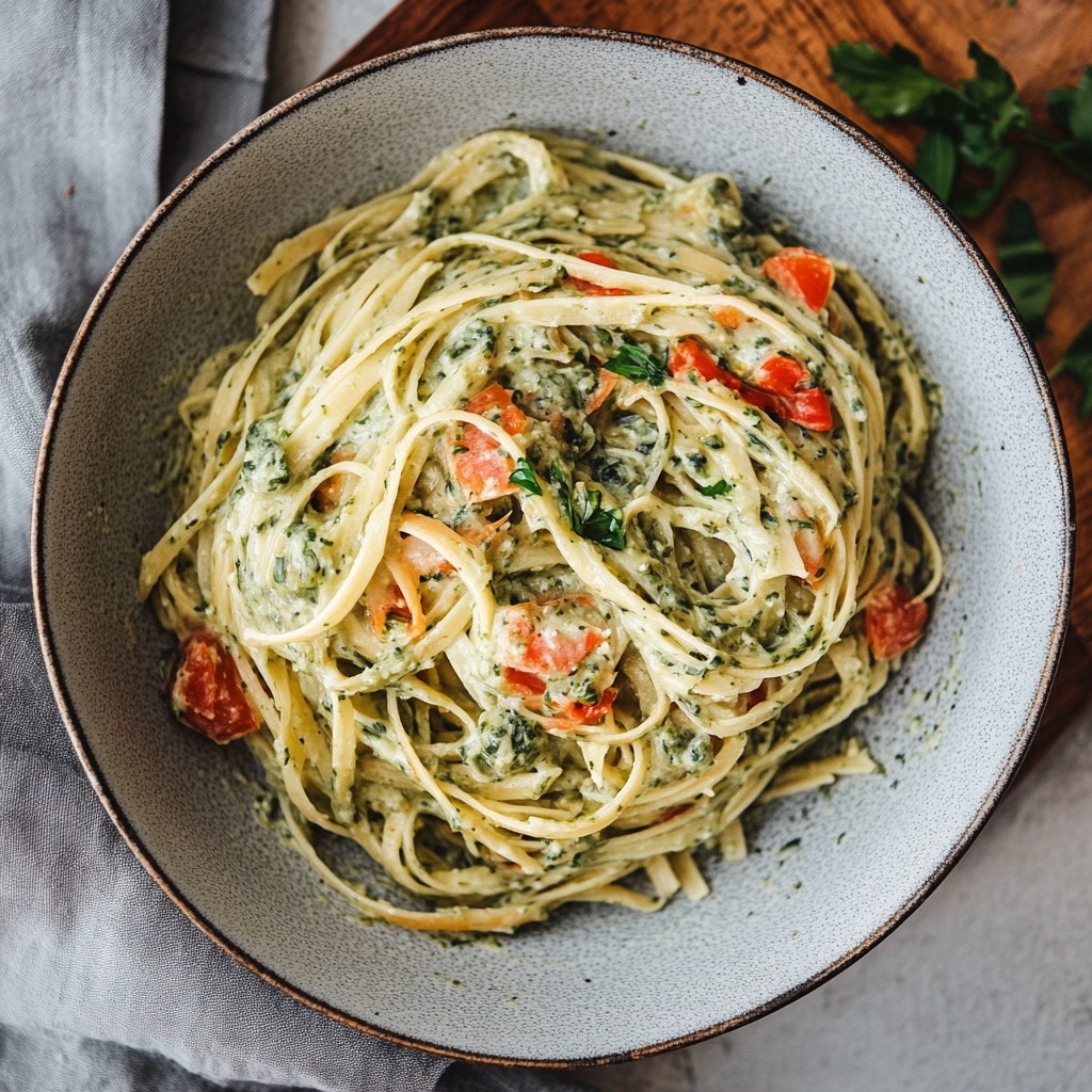 Spinat Pasta – Das beste Rezept mit cremiger Sauce & italienischer Würze 8 Spinat Pasta mit Paprika und cremiger Sauce in grauer Keramikschale von oben fotografiert