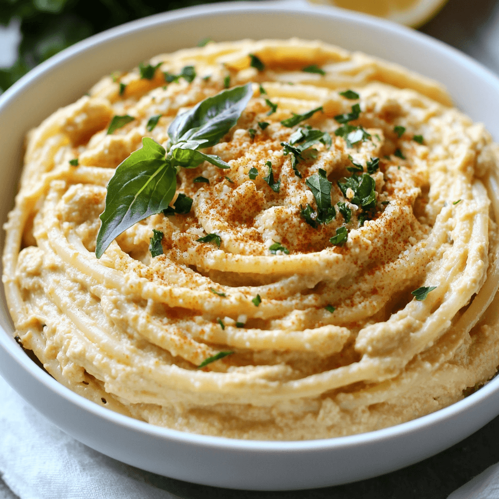 Zitronige Hummus Pasta mit Basilikum und Gewürzen, cremig serviert in weißer Schüssel