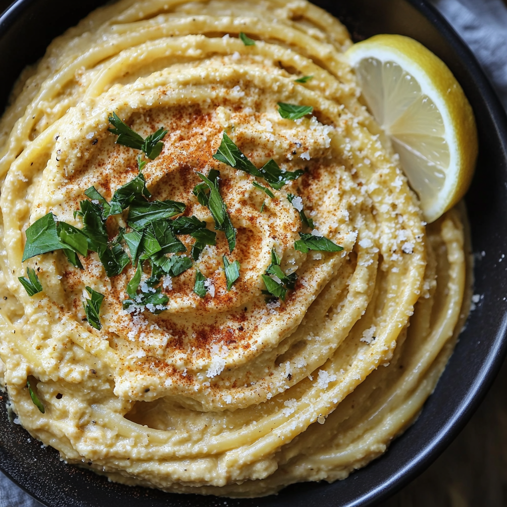 Zitronige Hummus Pasta – Das Beste Rezept für Cremige, Gesunde Pasta mit Zitronennote 6 Zitronige Hummus Pasta mit Petersilie, Paprikapulver und Zitronenscheibe in schwarzer Schüssel