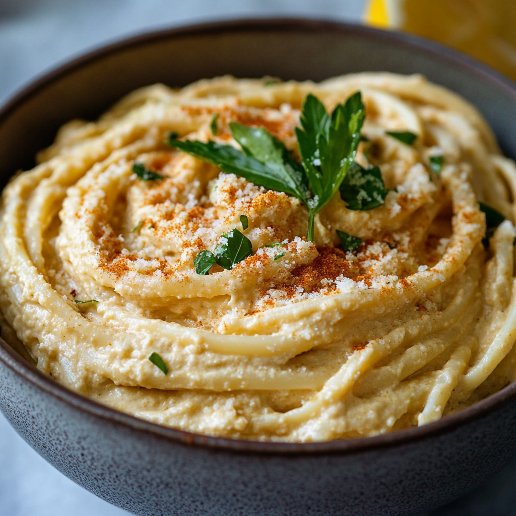 Zitronige Hummus Pasta – Das Beste Rezept für Cremige, Gesunde Pasta mit Zitronennote 7 Nahaufnahme von cremiger Zitroniger Hummus Pasta mit Petersilienblatt