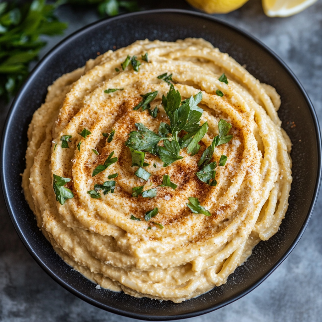 Zitronige Hummus Pasta – Das Beste Rezept für Cremige, Gesunde Pasta mit Zitronennote 8 Zitronige Hummus Pasta in schwarzer Bowl mit glatter Textur und frischer Petersilie