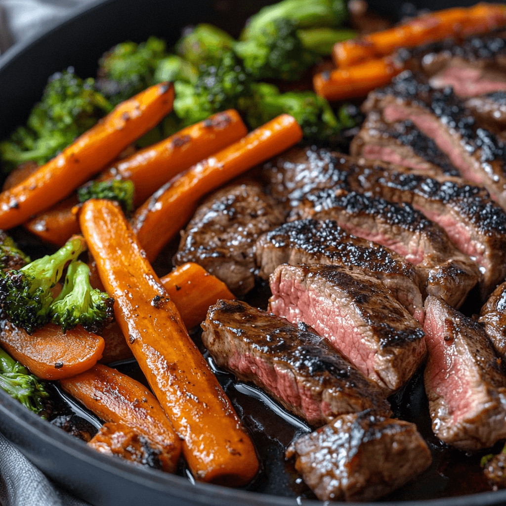 Balsamico-Steak und Gemüse in einer Pfanne