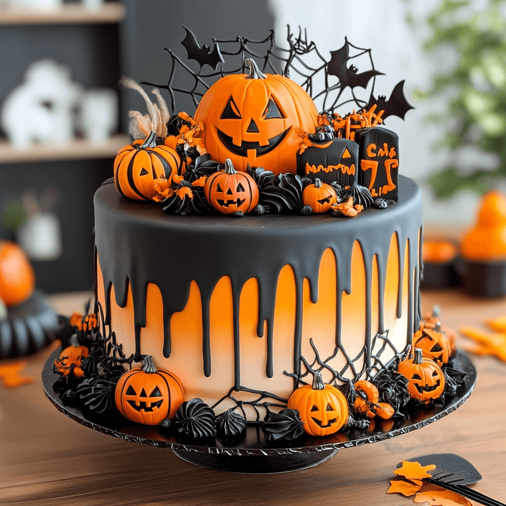 Schwarz orangefarbener Halloween Kuchen